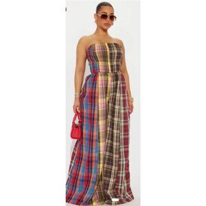 Fashion Nova Plaid Wide Leg Cotton Blend Smocked Bodice Jumpsuit 2X NWT